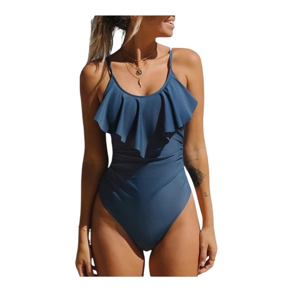 CUPSHE Dark Blue Ruffle Scoop Neck Tummy Control Slimming Swimsuit Cheeky Size S - Picture 1 of 12
